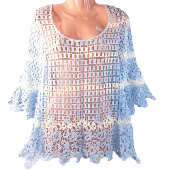 Step In Style One Size Women's Crochet Baby Blue Blouse 100% Cotton - Picture 2 of 14